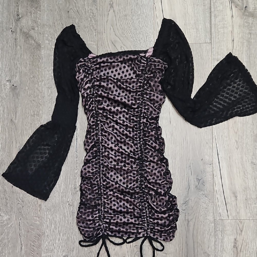 Black and Pink Polka Dot Ruched Dress